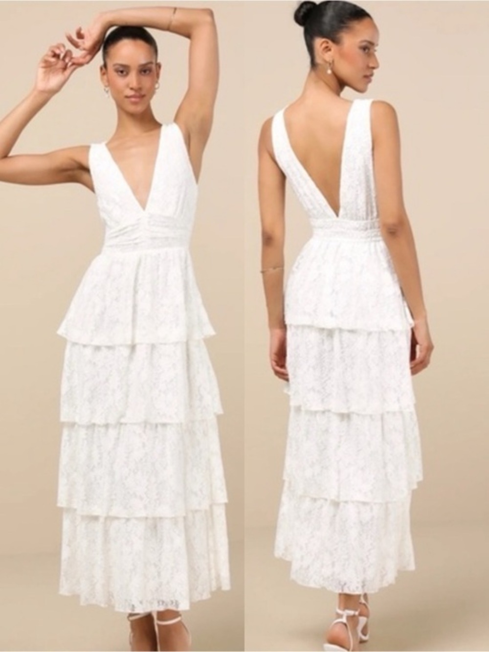 NWT Lulu’s Ezzie White Lace Tiered Plunging Neckline Midi Dress Small Romantic